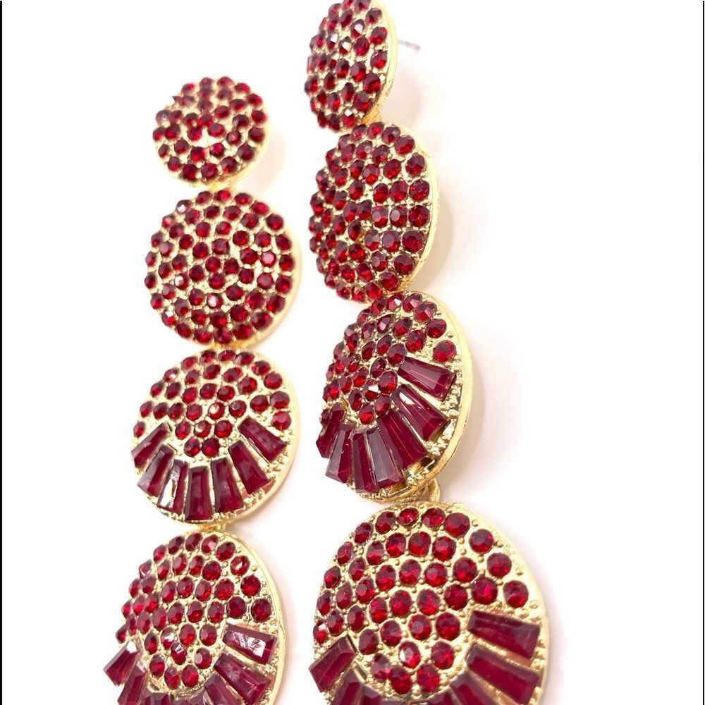 Maximalist Statement Gold Red Crystal Rhinestone Dangle Earrings - Picture 2 of 4
